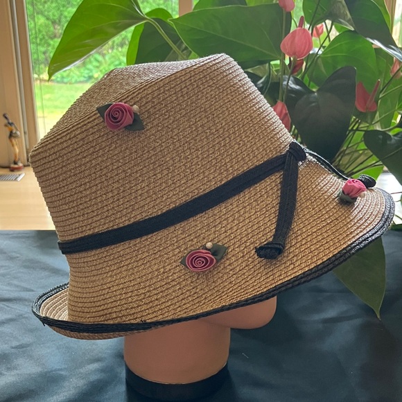 Straw Bucket Hat with Pink Rose Accents - Picture 3 of 4